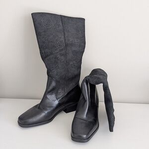 Vintage Markon Suela Square Toe Black Floral Leather Boot